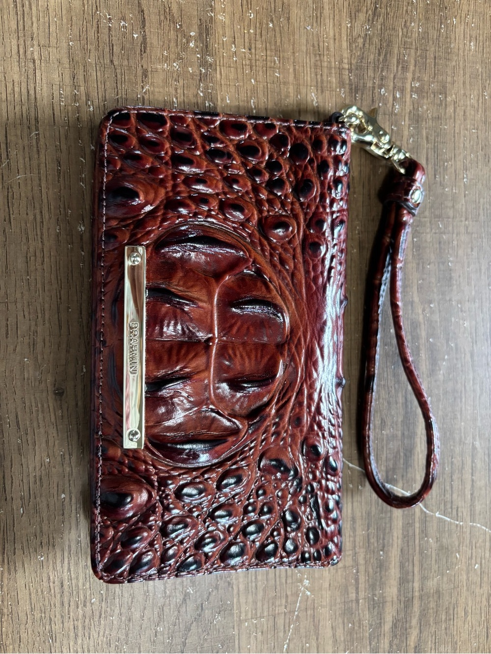Brahmin Mahogany Croc-Embossed Wristlet with Gold Hardware